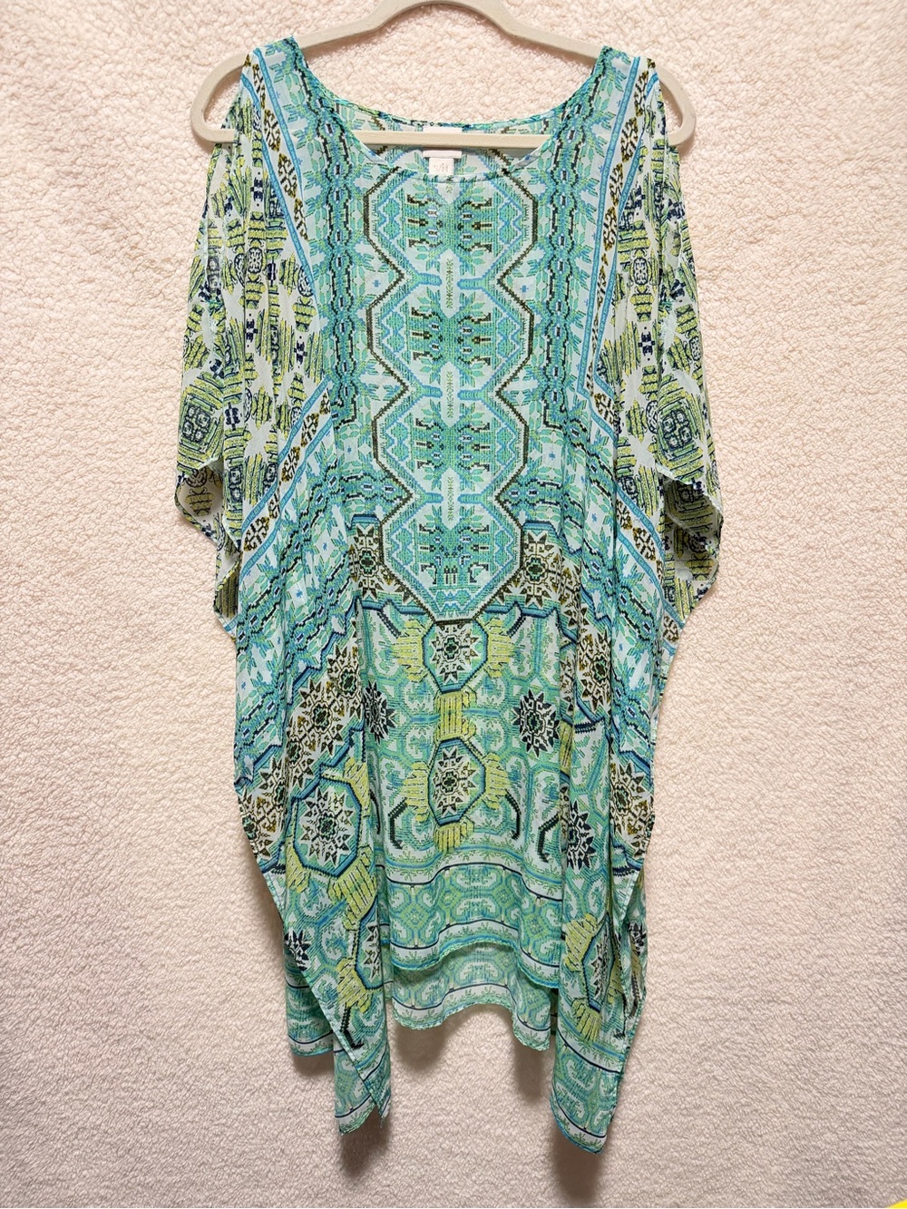 CHICO’S Muumuu Boho Turquoise & Lime Printed Dress Size Small Medium